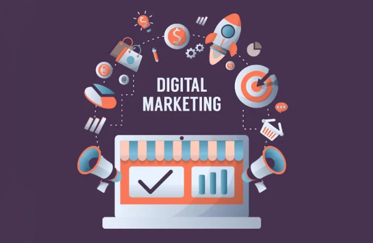 Digital marketing illustration with laptop, rocket, target, graphs and marketing icons